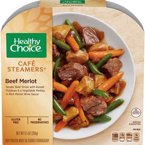 Healthy choice cafe steamers. The Healthy Choice Cafe Steamer I picked was Beef Merlot. It has chunks of stew beef, red skinned potatoes, carrots and green beans served with a Merlot wine sauce. I love meat and potatoes though have cut back, and I hoped that this would be a really tasty treat meal. When I pulled out the steamer bowl, the meal looked good. 