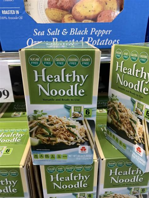 What is Costco Healthy Noodle made from? Healthy Noodles are imported from Japan and made by a company called Kibun. These noodles are made from Okara, a by product of tofu, and made with soybean fiber and konjac powder. Healthy noodles from Costco are Sugar Free, Fat Free, Gluten Free, Cholesterol Free, and Dairy Free.