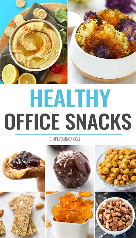 Healthy office snacks. Choosing healthy foods at work is essential for maintaining energy and productivity. You could consider whole foods like fruits, vegetables, nuts, and seeds for quick snacks. For meals, opt for balanced options that include lean proteins, whole grains, and lots of veggies. Don't forget to hydrate with water throughout the day! 