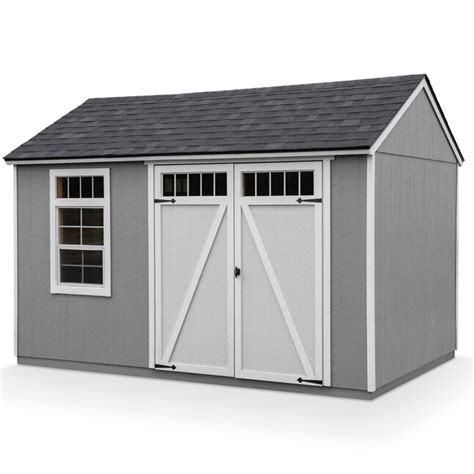 Heartland Stratford 12-ft x 8-ft Wood Storage Shed. Item # 437509 |. Model # 182938. Pre-cut kit - nothing to saw. 64 inch extra-wide doors for easy access with lawn tractors. Bonus features include window with shutters, shelving, workbench and peg board.