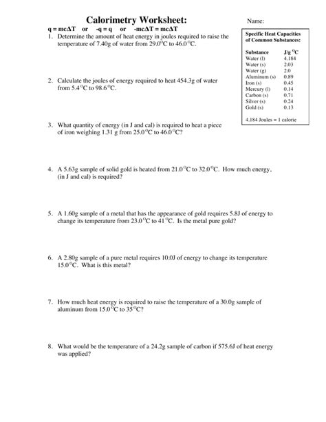 Heat And Calorimetry Worksheets