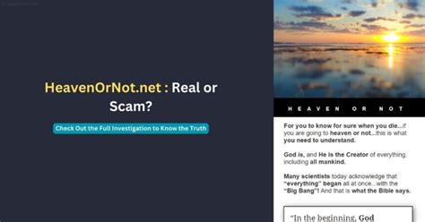Heavenornot. net. Mar 16, 2024 · Have you seen a commercial for Heaven Or Not .Net? It’s simple and provocative quiz definitely made some people mad.. But is it a scam? Is it a legal ad that... 