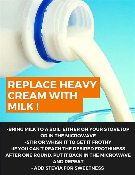 Heavy whipping cream replacement. Using a measuring cup, simply combine 3/4 cup whole milk and 1/4 cup heavy cream (aka whipping cream). Use this mixture just as you would if you had half-and- ... 