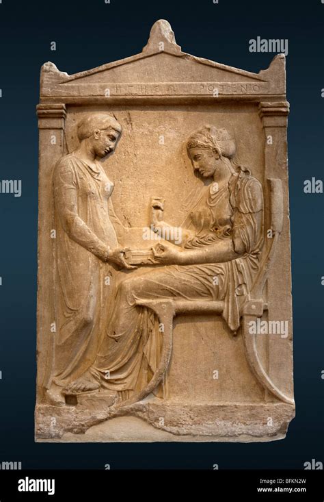 Grave stele of Hegeso showcases resurgence of funerary sculpture in Athens. Hegeso, seated, examines jewelry from a box presented by her servant. The sculpture highlights domestic life, intricate drapery, and a solemn mood, resembling carving styles seen on the Parthenon Frieze. Speakers: Dr. Steven Zucker and Dr. Beth Harris. . 