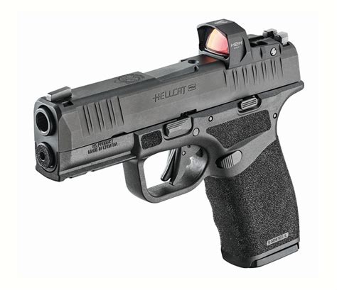 Springfield Hellcat Pro, Striker Fired, Semi-automatic, Polymer Frame Pistol, 9MM, 3.7" Hammer Forged Barrel, Cerakote Finish, Flat Dark Earth, Textured Grip, Tritium Front Sight, Tactical Rack Rear Sight, 17 round and 15 round magazine, Includes Crimson Trace CT-1500 Red Dot HCP9379FOSPCT