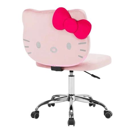 Hello kitty impressions chair. Enhancing both style and functionality, the Hello Kitty vanity chair with a back boasts 5 smooth rolling wheels for easy movement. The silver metallic base allows for a 360 degree spin, giving you the flexibility to reach your makeup essentials and swiftly access items around you. The comfy desk chair's adjustable height is a game changer ... 