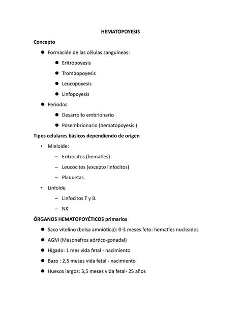 Hematopoyesis - Resumen Porth. Fisiopatología - Studocu