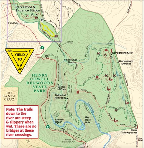 Henry cowell state park map. Online Reservations at ReserveCalifornia: Henry Cowell Redwoods State Park Campground Reservations. or call (800) 444-PARK (7275) between 8 AM and 6 PM. Check-in, check-out: 2:00 PM, Noon. Henry Cowell Campground Amenities. Campsites: Picnic table, food locker, fire ring. Campground: 