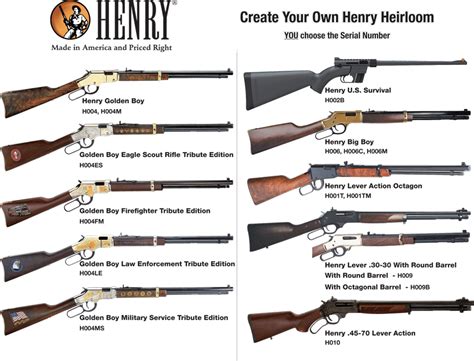 Henry rifle serial number table. The Henry Mare's Leg .357 Magnum is a modified variation of the Henry model H006C Big Boy .45 Colt. Like all Henry Rifles, each sports a select, handcrafted American Walnut stock cut to the exact specification of the gun used on the television series. The large loop lever, coupled with the legendary crisp Henry action, makes it easy for you to ... 