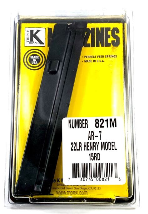 Henry us survival rifle ar-7 15rd magazine. Product information Magazine 15-RD Henry AR-7. Caliber .22lr, Survival Rifle Henry Model AR-7 fits not the models from the Armailite or Charter Arms production, Metal Magazine 15 Rounds Black, Code 821M Triple K USA. Image show not exactly the model Henry Code 821M! Caliber: .22lr. Type of Weapon: 