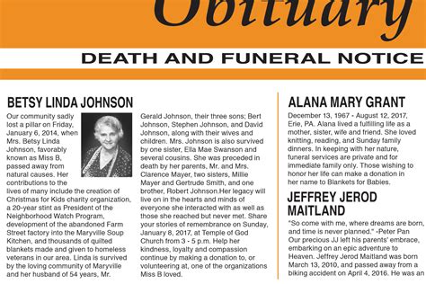 Herald journal death notices. Death notices, on the other hand, are formalized reports of someone's death in the local news. Family members would have published death notices in the Clarinda Herald-Journal to detail the person's name, age, residence, work history, and any information about the funeral service. 