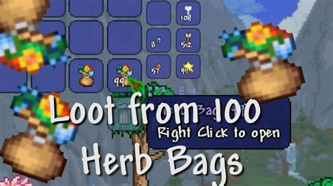 Herb bag terraria. The Regeneration Potion is a buff potion which grants the Regeneration buff when consumed. This lasts for 8 minutes / 5 minutes, but can be canceled at any time by right-clicking the icon ( ), by selecting the icon and canceling it in the equipment menu ( ), by double-tapping the buff icon ( ), or by canceling the buff from the buffs screen (). The buff … 