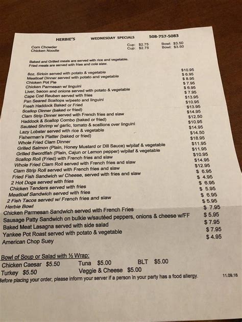 Herbie's menu. Herbie Burger $6.95 1-3 lb. ground beef, swiss cheese, sauteed mushrooms and onions, topped with brown gravy on a warm seeded bun. Cheeseburger $6.25 