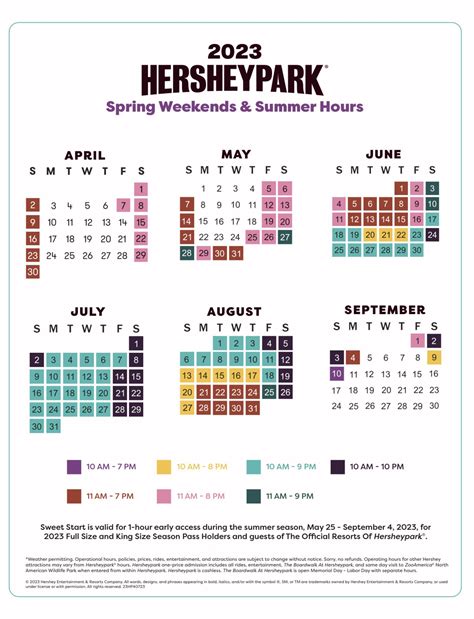 Hersheypark 2024 calendar. Enjoy A year of Hersheypark Happy. Hersheypark 2024 Season Passes are also on sale and allow guests to enjoy unlimited year-round visits with discounts, events, and special perks based on pass type. Full, King and Giant Size Season Pass holders can visit Hersheypark as often as they want throughout each operating season and enjoy free parking ... 