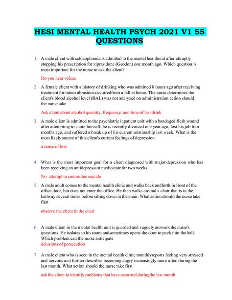 Hesi mental health 55 questions quizlet. Things To Know About Hesi mental health 55 questions quizlet. 