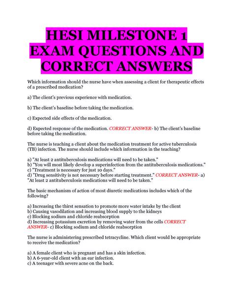Hesi milestone exam 1. HESI MILESTONE EXAM 1 ACTUAL QUESTIONS AND CORRECT ANSWERS WITH RATIONALES 2024-2025 and other examinations for , Nursing. HESI MILESTONE EXAM 1 ACTUAL QUESTIONS AND CORRECT ANSWERS WITH RATIONALES 2024-2025 HESI MILESTONE EXAM 1 ACTUAL QUESTIONS AND. 