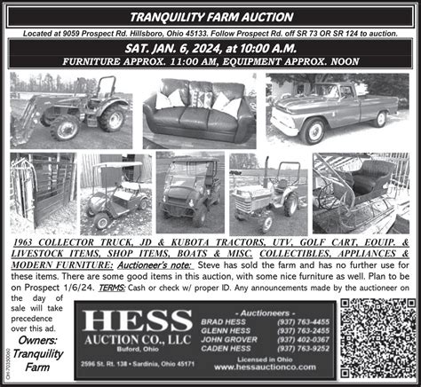 Hess auction co. Kubota Tractor & Tools. We will be selling a 2018 Kubota Tractor, a Wolf Moped, Utility Trailer, Log Splitter, Generator and a Clean Line of Quality Tools. [ View Details ] Sat Feb 10 - 06:00 pm. Mifflinburg, PA. 