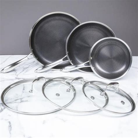 Hex pots and pans. The perfect everyday pan, our Hybrid 10-inch is a terrific size for preparing entrées for two, a hearty solo meal or couple of portions of sautéd veggies. Use your HexClad cookware on any home cooktop or stovetop, including induction. Every piece is also scratch-resistant, dishwasher-safe, and oven-safe up to 500°F. 