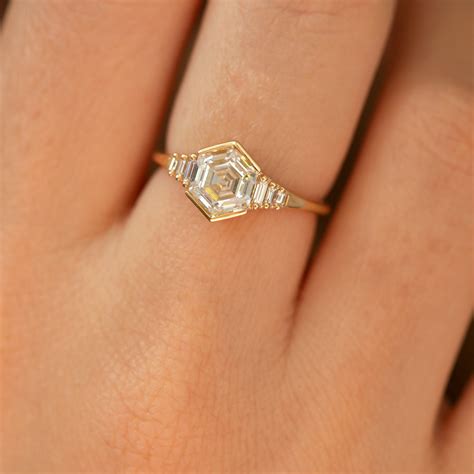 Hexagon engagement ring. Half Bezel Set Hexagon Cut Engagement Ring, Classic Five Stone Ring, Antique Bridal Ring, Half Eternity Wedding Band, Fancy Cut Diamond Ring. (256) $252.26. $336.35 (25% off) FREE shipping. 