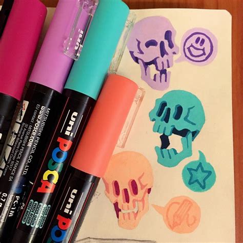 Heyo! Have some colourful bois!💜💚🧡💀 . Drawn with Posca paint pens . . 