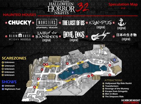 Universal HHN 32 map. Posted on August 29, 2023 September 1, 2023. We finally have the official map of houses and scare zones for Halloween Horror Night 2023. This year the event runs from September 1st through November 4th and does require separate admission from the regular theme park tickets and passes.. 