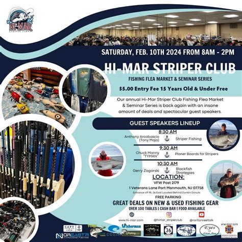 Hi mar fishing flea market. The Hi-Mar Striper Club will hold its Annual Fishing Flea Market from 8 a.m. to 2 p.m. on Feb. 12 at the Port Monmouth VFW Post, 1 Veterans Lane, Middletown. The … 