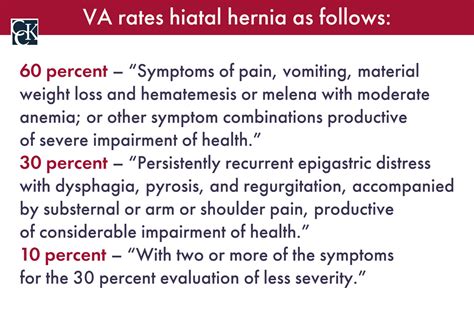 Finally, mild hiatal hernia is associated with two or more symptoms at the 30% level, but with less severity, and is rated at 10%. Thus, in assigning a rating to service-connected GERD, the VA would look to the severity of the vomiting or regurgitation and the frequency of the symptoms as outlined in the hiatal hernia ratings table. The VA .... 