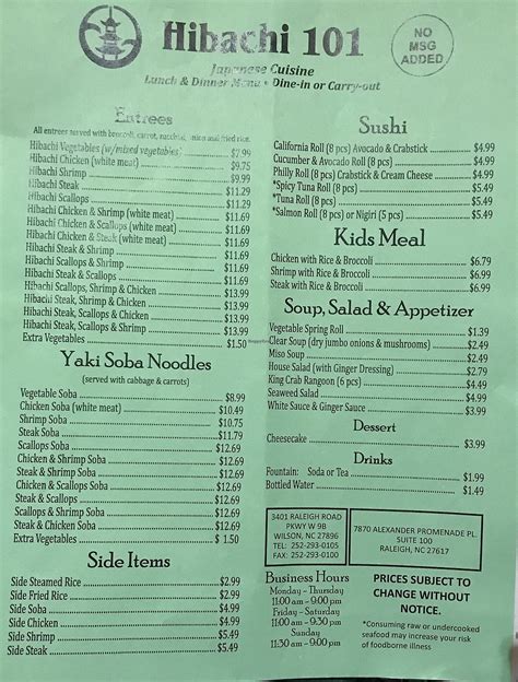 Hibachi 101 wilson menu. Menu added by the restaurant owner April 14, 2023 Menu added by users September 30, 2022 The restaurant information including the Golden Seafood and Chicken Hibachi Grill menu items and prices may have been modified since the last website update. 