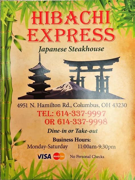 Hibachi express gahanna. Hibachi Express. 3862 Trenton Rd, Ste A Clarksville, TN 37040. (931) 905-4928. Now Accepting Orders Est. Carryout. Opening Hours 10:30 AM - 9:00 PM. Group Order. Sign Up For Deals. Start your carryout or delivery order. Check Availability. 