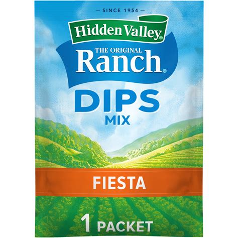 Hidden valley fiesta ranch. Fiesta Ranch: Brand: Hidden Valley: Specialty: Gluten Free: Allergen Information: Dairy: Package Weight: 0.03 Kilograms: About this item . RANCH DIP: Thick and creamy, this new Ready-To-Eat Dip is a 10 ounce tub full of Classic Ranch flavor meant for scooping and dipping your favorite chips, crackers, pretzels and more; package may vary ; 