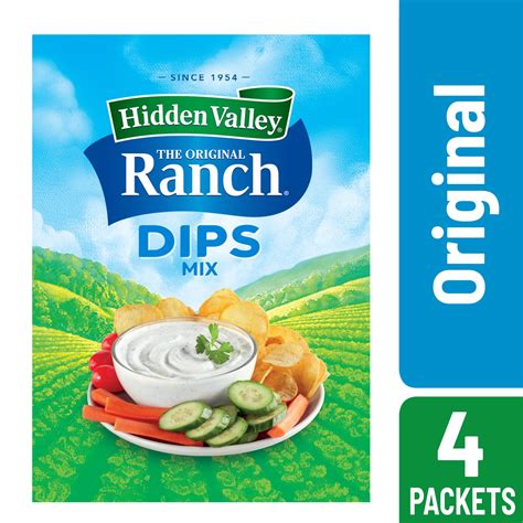 Hidden valley ranch dip. 1. Preheat oven to 350 degrees. 2. In a mixing bowl, stir together the cream cheese, mayonnaise, canned chilies, Hidden Valley® Original Ranch® Dips Mix and 1½ cups of the shredded cheese. 3. Spread the mixture into a baking dish. Sprinkle with remaining cheese. Cover baking dish with aluminum foil. 4. Bake until top is warm … 