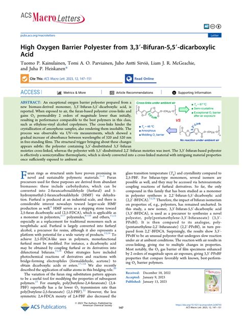 High Oxygen Barrier Polyester from 3,3′-Bifuran-5,5′-dicarboxylic ...