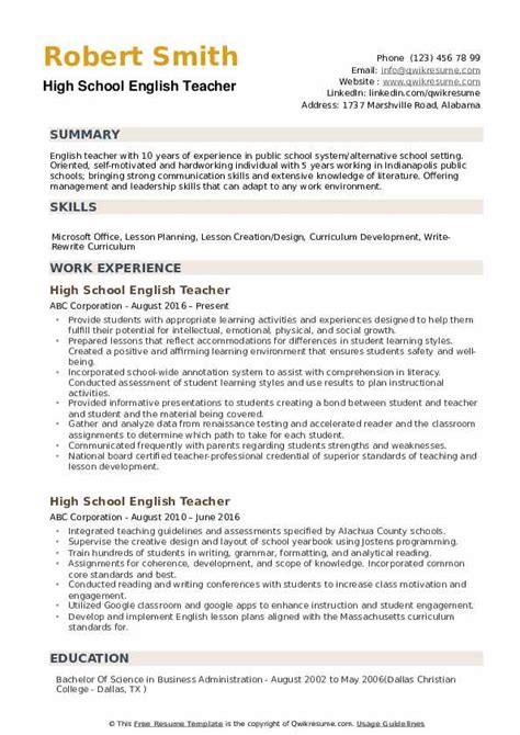 High School English Teacher Resume Examples & Samples for 2024