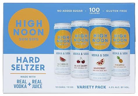 High noon alcohol content. Each Can is 12oz (355mL). Whether you plan to enjoy the sun by hitting the slopes or heading to the beach, get out there and trade up your malt-based seltzer for the #1 best-tasting hard seltzer with the limited-edition High Noon Snowbird Pack. Made with REAL VODKA and REAL JUICE. 100 calories, no added sugar and gluten … 
