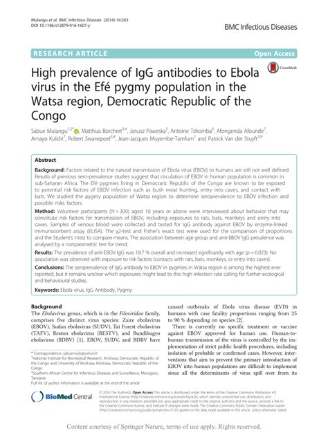 High prevalence of IgG antibodies to Ebola virus in the Efé pygmy ...