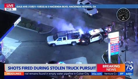 High speed chase fullerton today. A man was arrested in the San Gabriel Valley after he led authorities on a dangerous chase in which he stole a van and a truck, and hit several other cars on... 