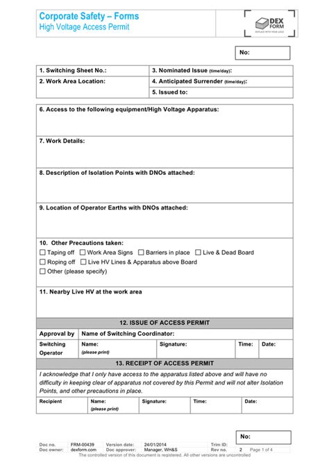 High voltage access permit form in Word and Pdf formats