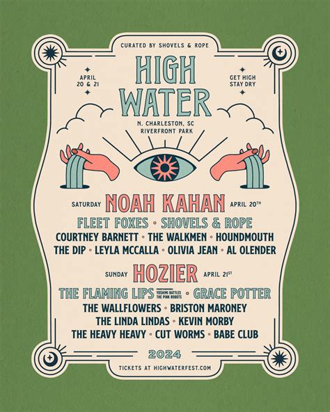 High water festival 2024. CHARLESTON, S.C. (WCSC) - The 2024 edition of the High Water Festival isn’t for another six months but the lineup is already released. Headlined by Noah Kahan and Hozier, the festival’s fifth ... 