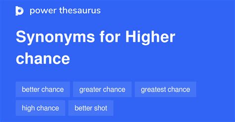 Find all the synonyms and alternative words for higher chance at Synonyms.com, the largest free online thesaurus, antonyms, definitions and translations resource on the web. Login The STANDS4 Network. 