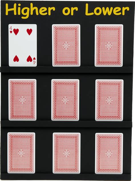 Higher or lower card game. This large version of the ever-popular Higher or Lower card game is a fun and easy to run activity that is guaranteed to pull in the punters. Players have to guess whether each card is higher or lower than the previous card. If they guess all the cards in sequence they win a prize! The kit includes a full pack of Giant A4 Playing Cards, a 61cm ... 