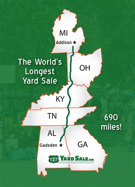 Highway 127 yard sale map. Welcome to the World’s Longest Yardsale, also known as the 127 Corridor Sale. NOW 690 MILES! Starts 5 Miles North of Addison, Michigan and ends at Gadsden, Alabama! 