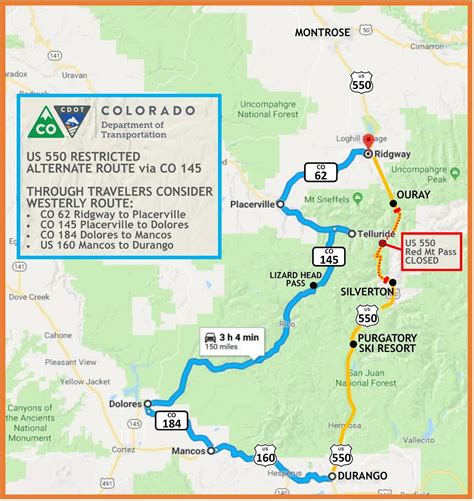 U.S. Highway 550 will close at 6 p.m. Tuesday at Red Mountain Pass because of poor road conditions and continuing snow, and Colorado Department of …. 