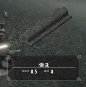 Hinge skyrim id. 0.1. Base Value. 1. Ingredients. 1 × Iron Ingot. ID. xx 00300f. Nails are used to build the walls, wall framing and roofs of houses in the Hearthfire DLC. 