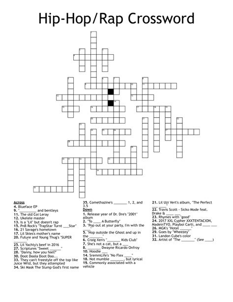 Aug 12, 2021 · LA Times Crossword; August 12 2021; Hip-hop article; Hip-hop article Crossword Clue. While searching our database we found 1 possible solution for the: Hip-hop article crossword clue. This crossword clue was last seen on August 12 2021 LA Times Crossword puzzle. The solution we have for Hip-hop article has a total of 3 letters. . 
