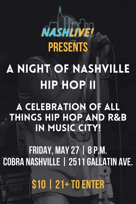 Hip hop clubs in nashville tn. Specialties: Located on the top floor of the Thompson Nashville, L.A. Jackson is an indoor-outdoor rooftop bar and restaurant with incredible views of downtown Nashville's skyline. Patrons of L.A. Jackson must be 21 and over. Established in 2016. 