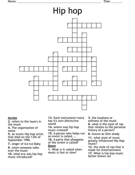 3,349 Urban & Hip-Hop puzzles and worksheets. Print, save as a PDF or Word Doc. Add your own answers, images and more. Toggle navigation . Word Search Maker; Crossword Maker ... Hip-Hop/Rap Crossword. 35 terms Created on Aug 24, 2019. Most Recent. 80's Rappers. 20 terms Created on Dec 14, 2021. R&B/ Hip-Hop Artist. 24 terms Created on Dec 11, 2021.. 