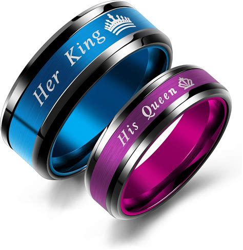 About this item . 1.🌹_【DETAILS of the custom king queen ring】These customised Matte finished couple rings made of stainless steel,water-proof,non-allergic; Ring Size:8mm width,size 6,7,8,9,10,11,12,13 is available; Color:gold / blue; Free Engraved with any text outside & inside of the ring; Occasion:Valentine's day gift,promise gift,engagement gift,friendship gift,Thanksgiving gift ...