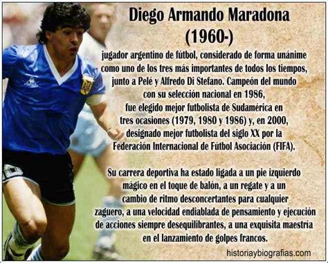 Maradona com o troféu da Copa do Mundo de 1986. Data de nasc. Local de nasc. Diego Armando Maradona Franco ( Lanús, 30 de outubro de 1960 — Tigre, 25 de novembro de 2020) foi um treinador e futebolista argentino que atuava como meia-atacante. Considerado um dos maiores futebolistas de todos os tempos, liderou a conquista da Copa do Mundo de .... 