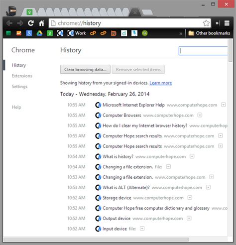 History browserhistory. Types of info. What will be deleted. Where it's stored. Browsing history. The URLs of sites you've visited, and the dates and times of each visit. On your device (or, if sync is turned on, across your synced devices) 