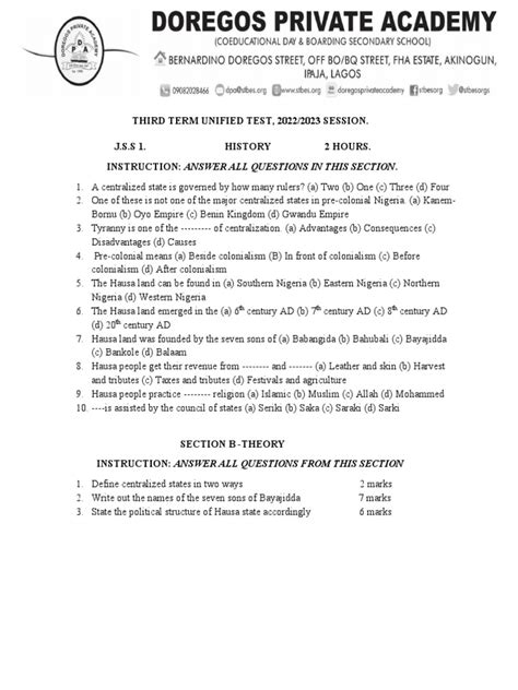 History exam questions for jss1 third term.  cattle rearing.  MUSIC D.  Plus the best succe...